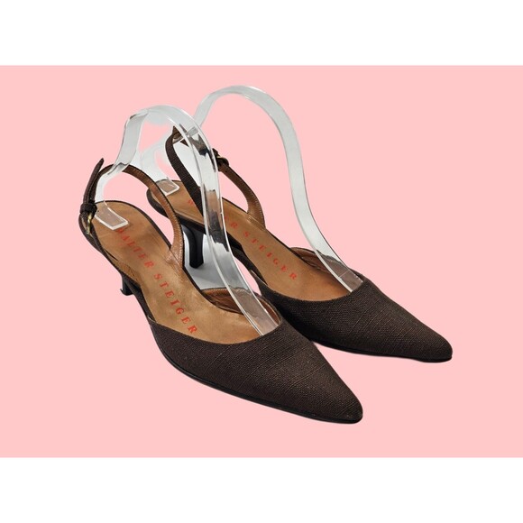 LM Women's 37.5 Walter Steiger Pointed Toe Slingback High Heels Brown Linen EUC - Picture 1 of 8